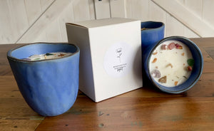 Large Blue Ceramic Candle With Gemstones & Rosebud.