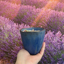 Load image into Gallery viewer, Large Blue Ceramic Candle With Gemstones &amp; Rosebud.
