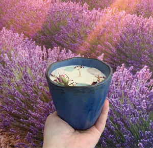 Large Blue Ceramic Candle With Gemstones & Rosebud.