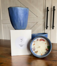 Load image into Gallery viewer, Large Blue Ceramic Candle With Gemstones &amp; Rosebud.
